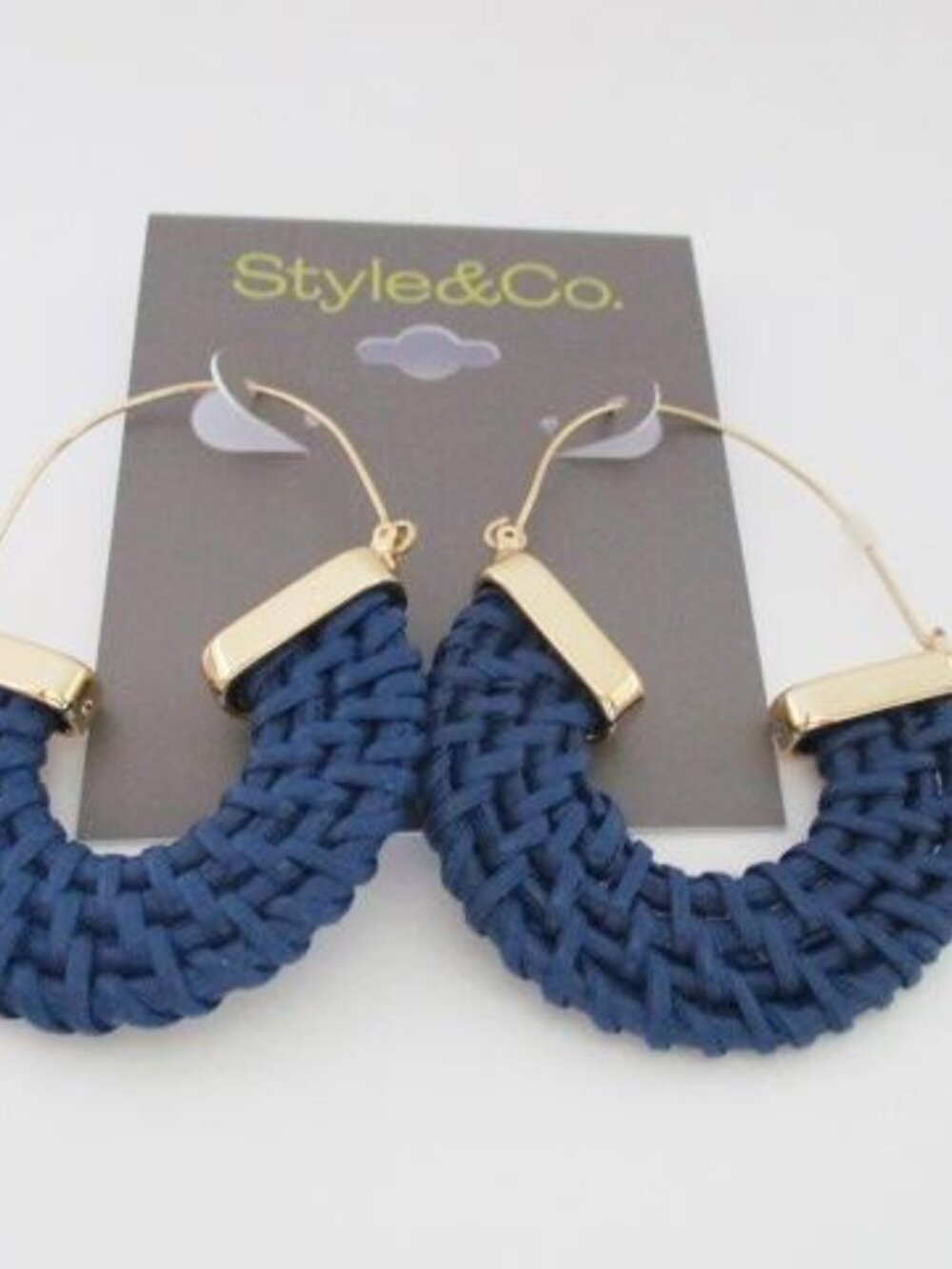 Style & Co Navy Blue Woven Gold Statement Hoop Earrings NWT